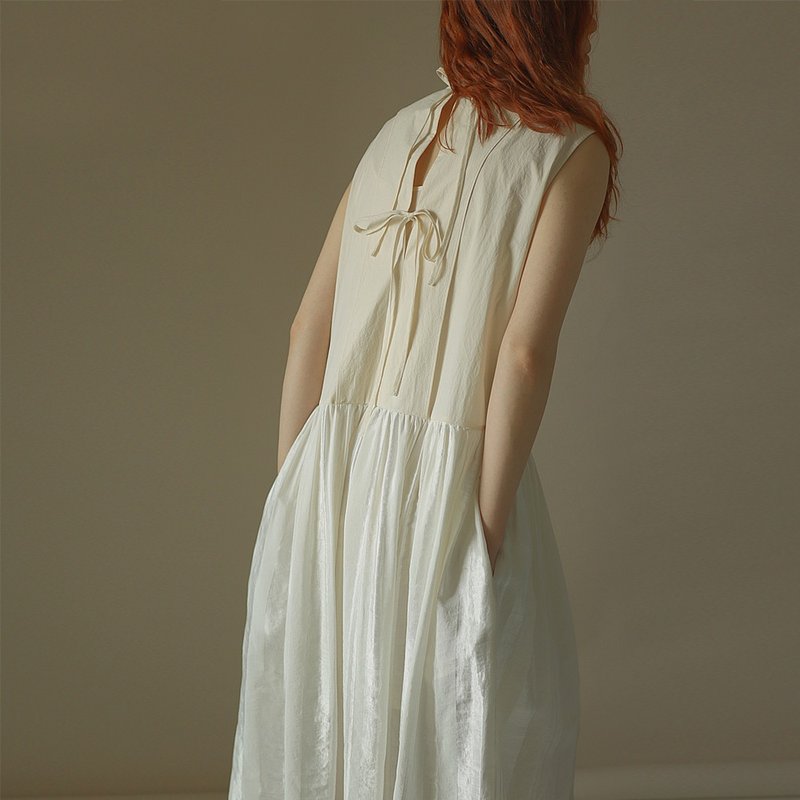 缎面条纹拼接无袖连衣裙 文艺显瘦 白色 - 洋装/连衣裙 - 棉．麻 