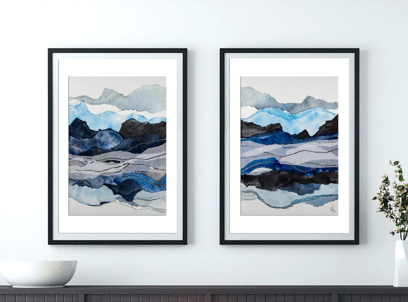 White Mountains Painting Winter Original Art Mixed-Media Artwork Collage - 海报/装饰画/版画 - 纸 蓝色