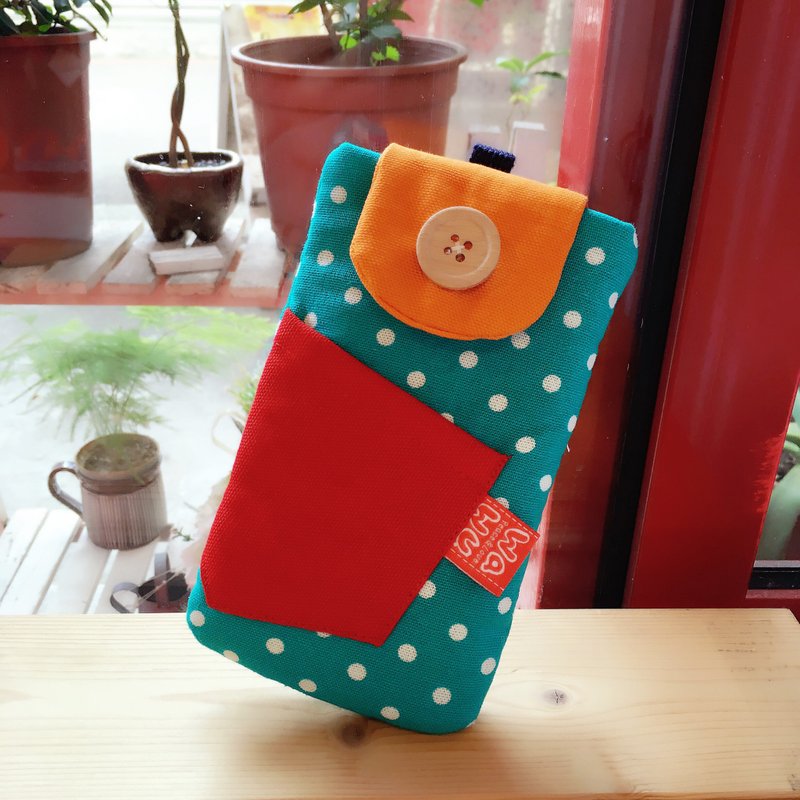 钮扣造型手机袋 (湖水绿点) (附绳) 接单生产* - 手机壳/手机套 - 棉．麻 绿色