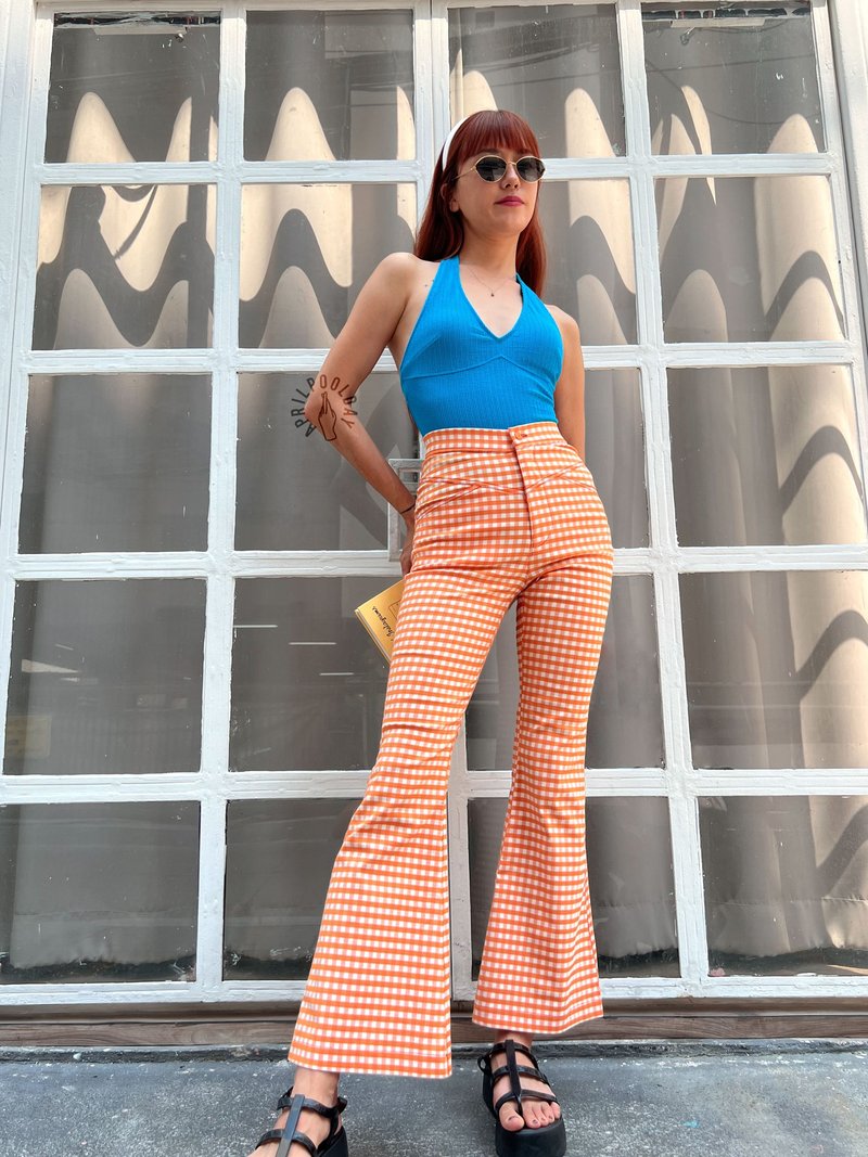 Aprilpoolday / PERFECT FIT 喇叭牛仔裤 / 橘色格纹 - 女装长裤 - 其他材质 橘色