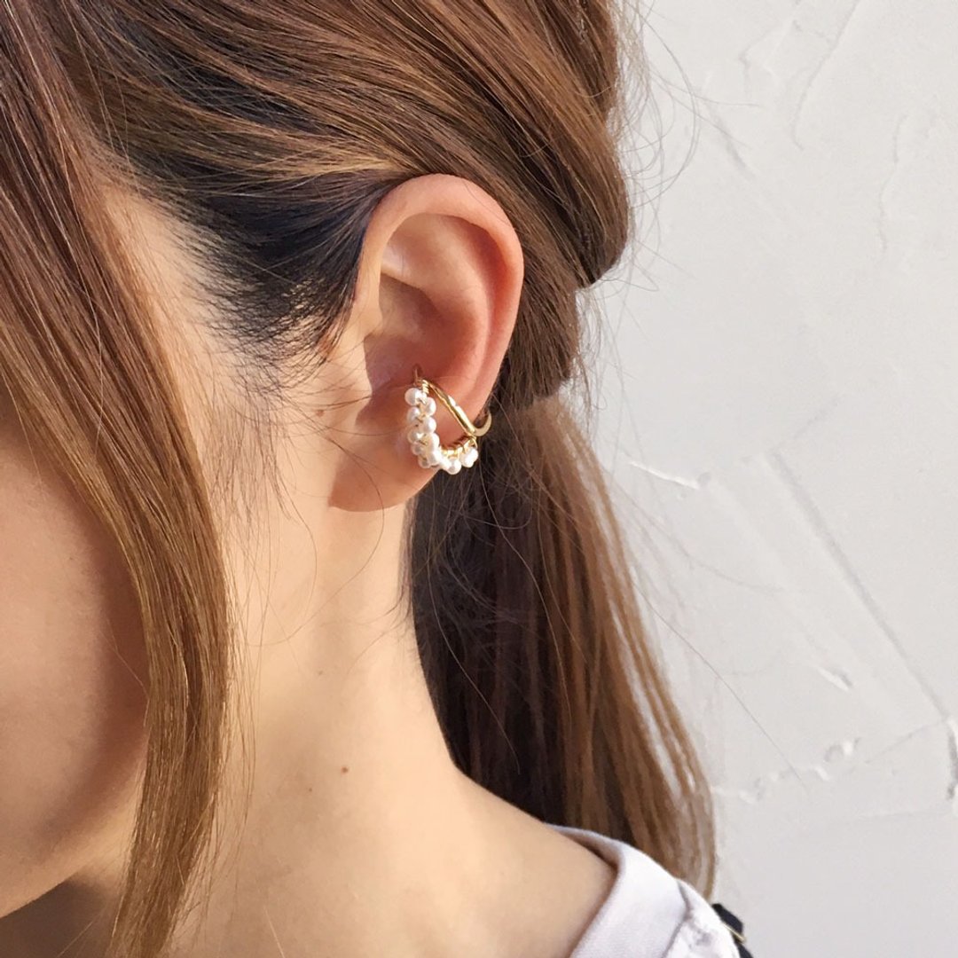 Freshwater Keshipearl x Vintage Pearl Ear Cuff for One Ear sjoka11 - 耳环/耳夹 - 宝石 白色