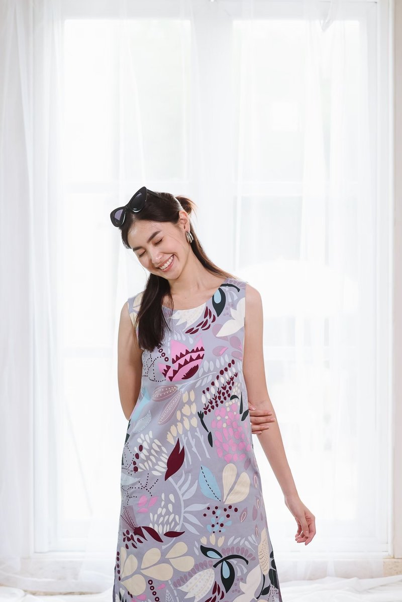 BIRUCHU 悠游梦境洋装 - 灰叶款 (日式棉) - 洋装/连衣裙 - 棉．麻 灰色