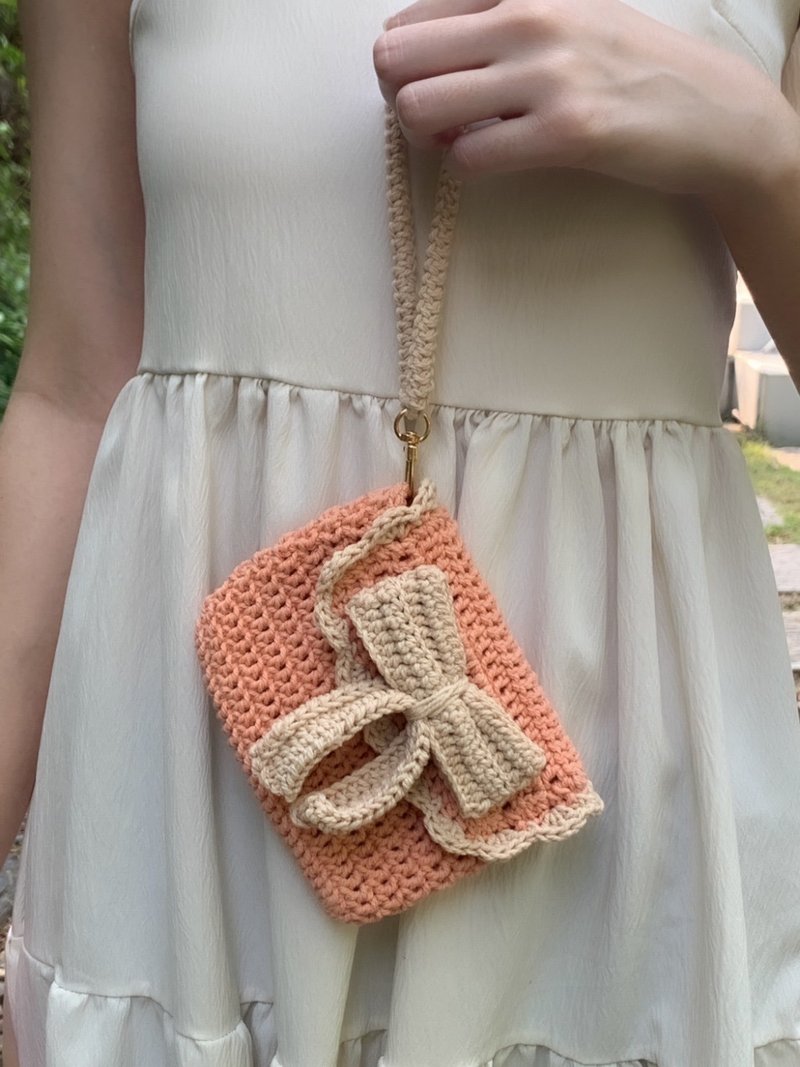 女士定制钩针领结钱包附手腕带 - 皮夹/钱包 - 棉．麻 橘色