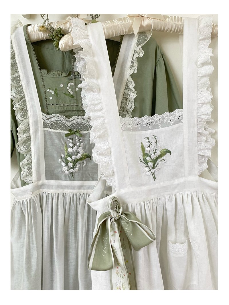 铃兰花刺绣围裙 棉麻罩裙 天丝围裙 手工製 - 洋装/连衣裙 - 棉．麻 白色