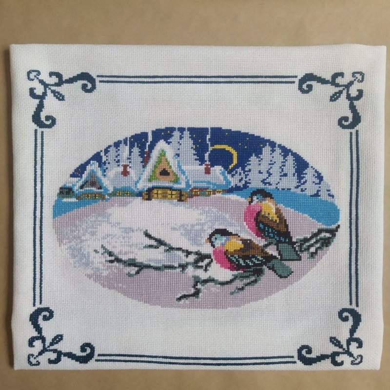 手工红腹灰雀画，冬季景观墙艺术，墙壁装饰，饰面 - 墙贴/壁贴 - 绣线 多色