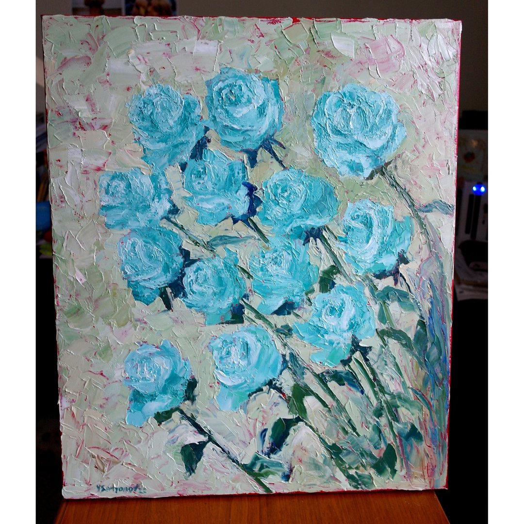 Roses Flowers Original Art Oil Painting Wall Decor Evening Roses - 海报/装饰画/版画 - 其他材质 银色
