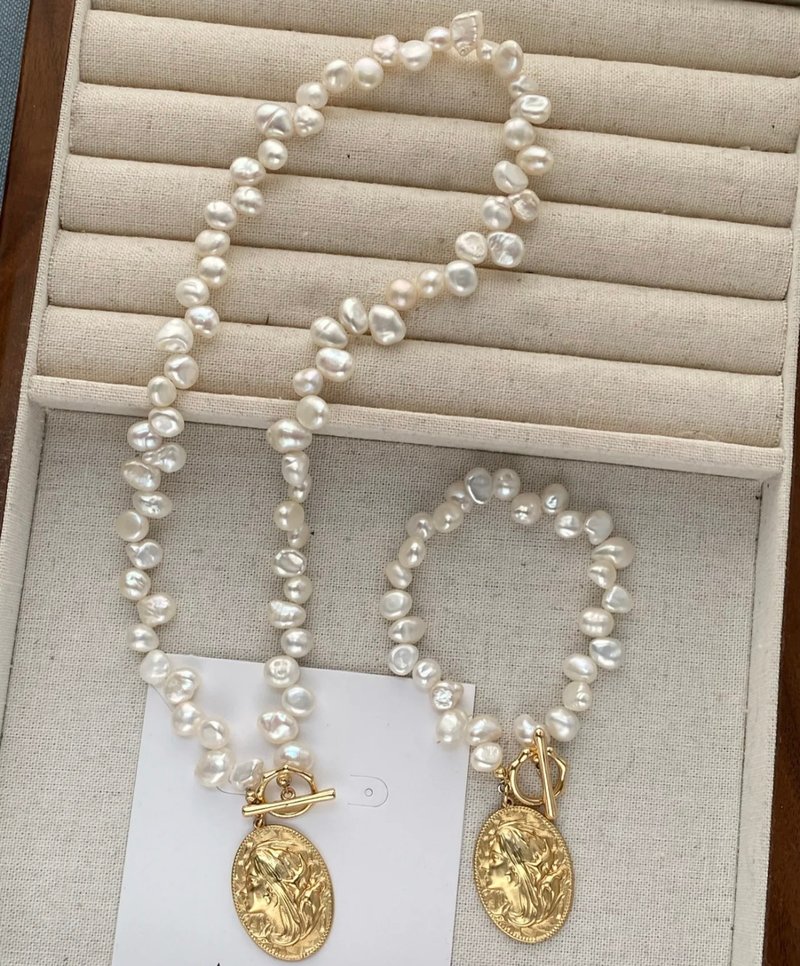 YuanPearl兩件套天然法式風格巴洛克珍珠法式牌手鍊加項鍊 - 颈链 - 珍珠 白色