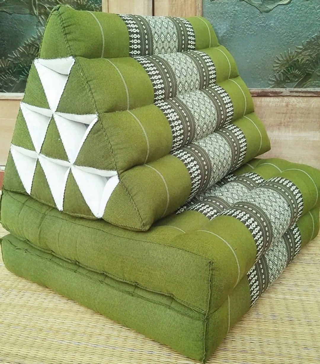 三角枕，2 折，10 个隔层，50 x 120 厘米，Khit 枕头，靠垫枕头，木棉枕头，Khit 图案木棉床垫。 - 枕头/抱枕 - 棉 绿色