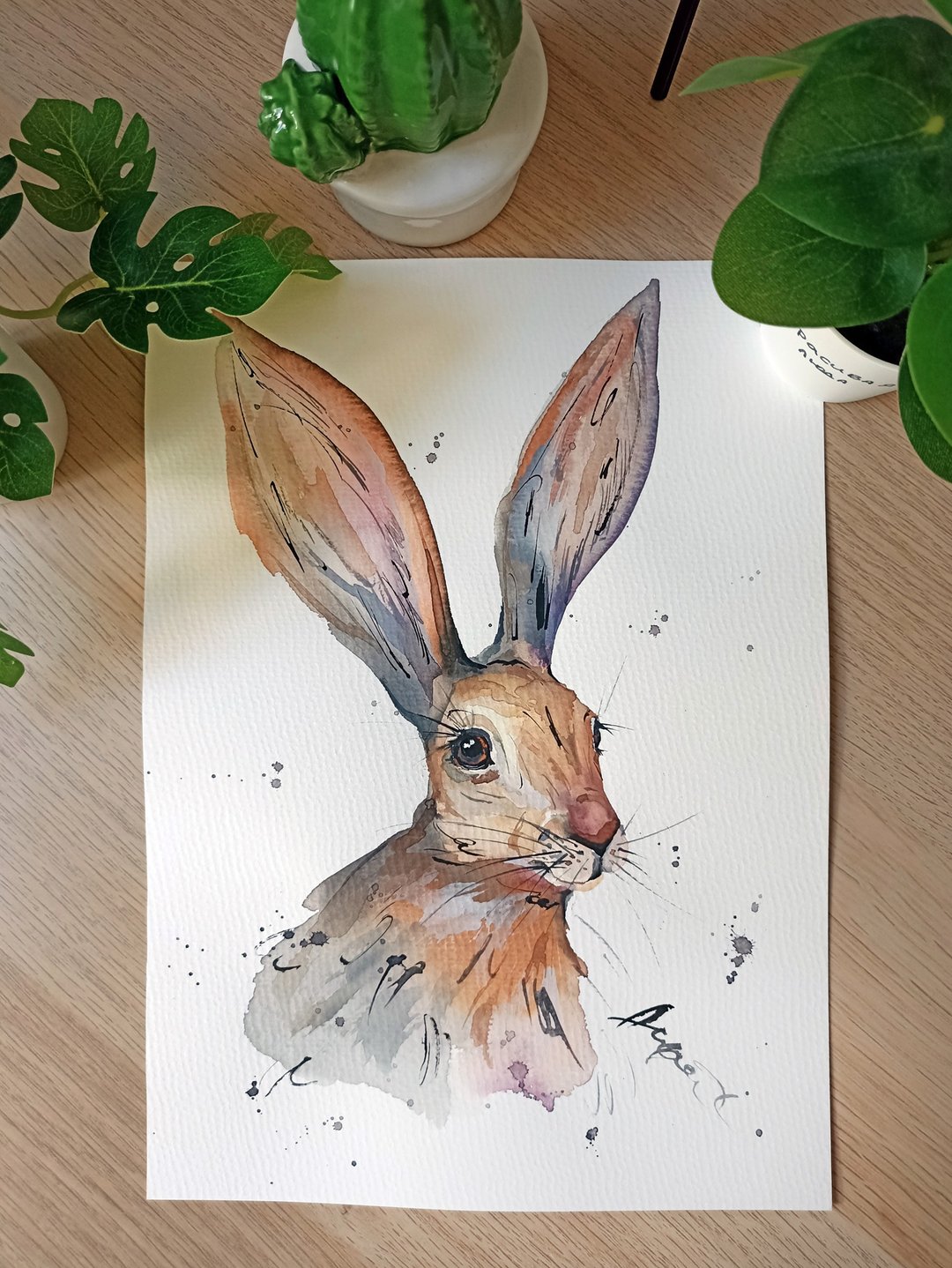Watercolor original art hare animal room decor rabbit painting by Anne Gorywine - 墙贴/壁贴 - 纸 蓝色