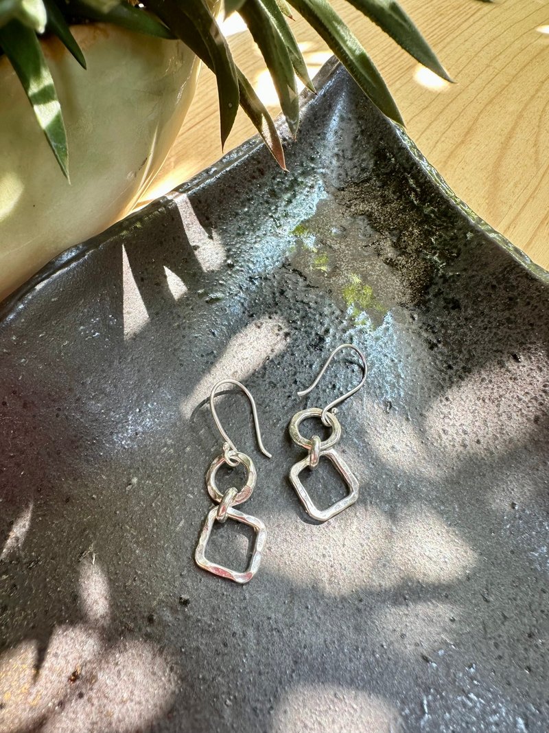 圆形和方形银耳环 - 耳环/耳夹 - 纯银 银色