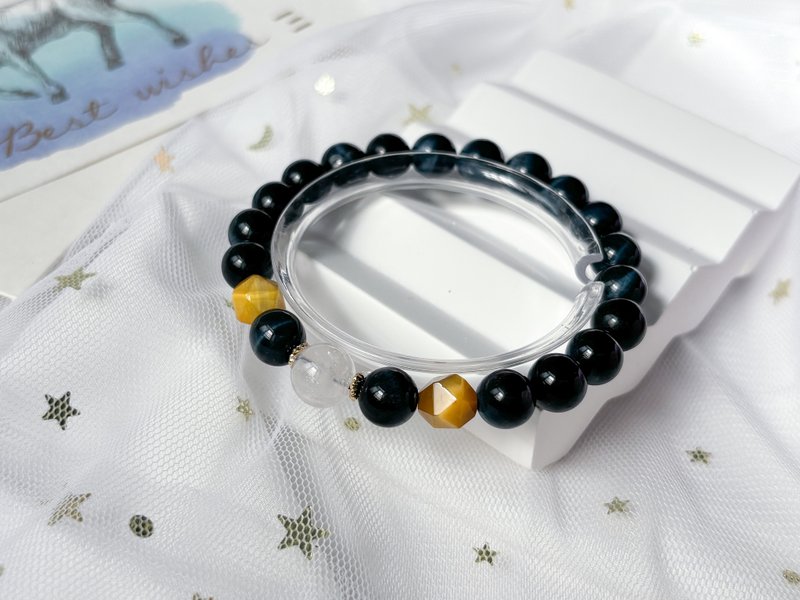 【2026 年十二生肖开运水晶】天然虎眼石 白幽灵 14K 包金 设计手链 - 手链/手环 - 水晶 黑色