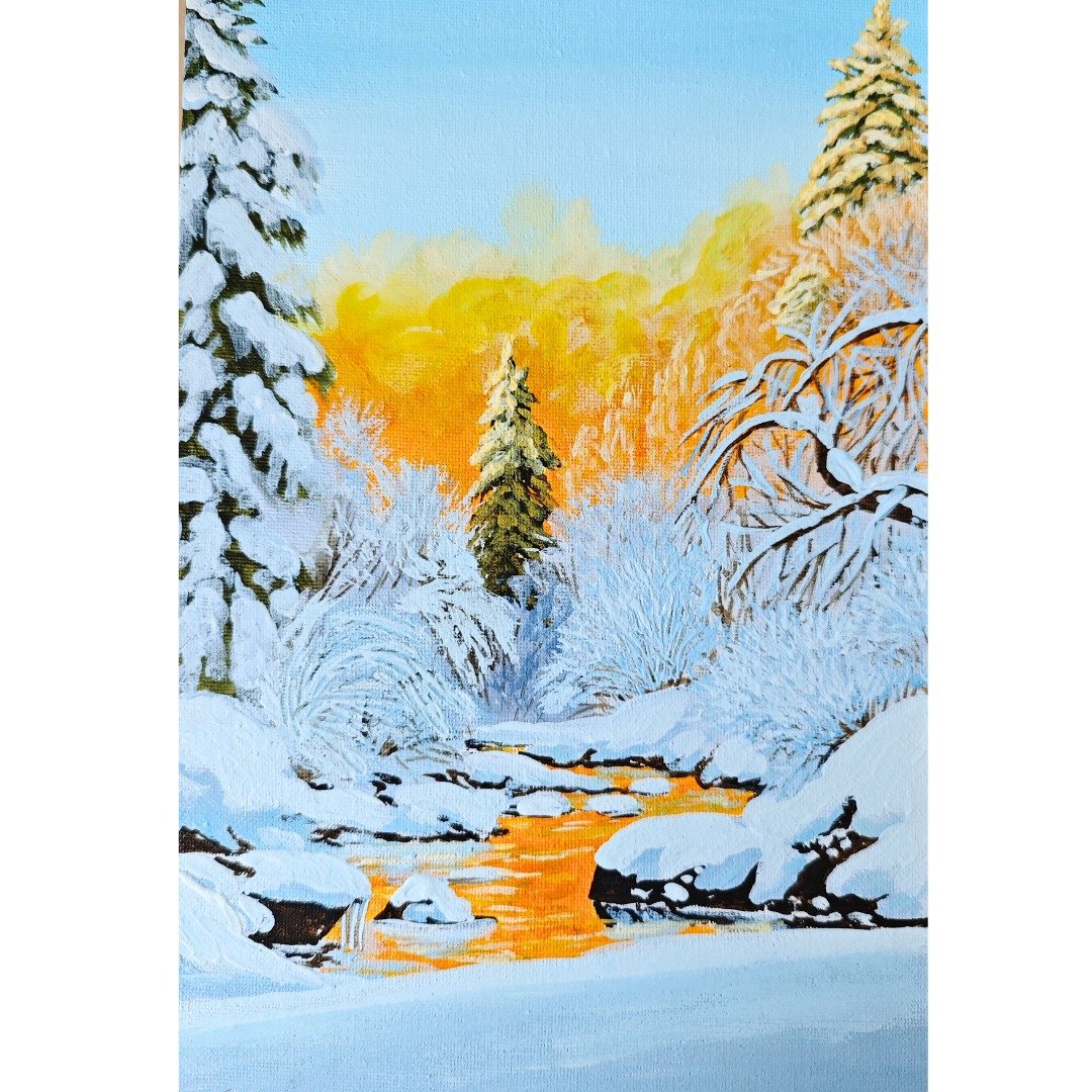 夕阳下的雪河  RinaArtSK 原创冬季风景丙烯画  画布 - 墙贴/壁贴 - 其他材质 多色