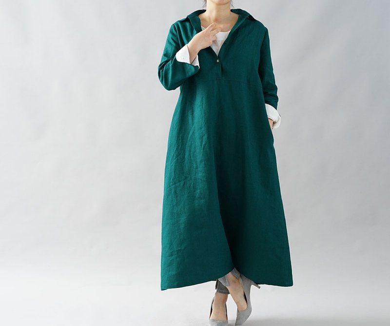 wafu + warm linen  / midi dress / A line dress / shirt dress / a64-12 - 洋装/连衣裙 - 棉 绿色