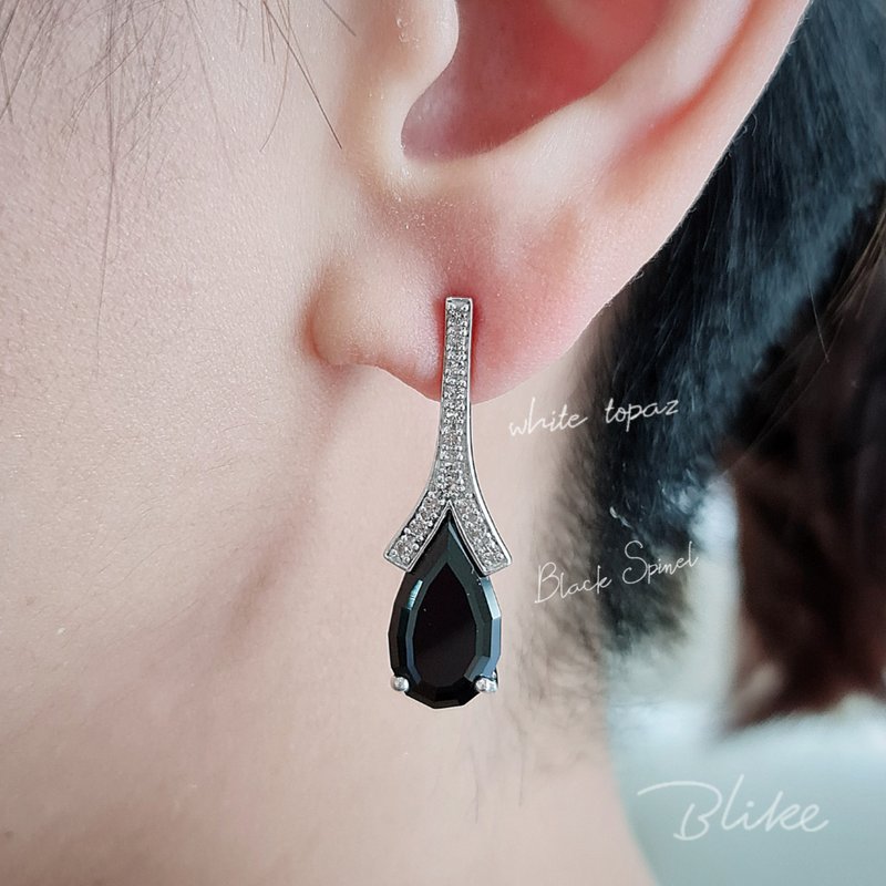 Black spinel and white topaz Earring - 耳环/耳夹 - 半宝石 黑色