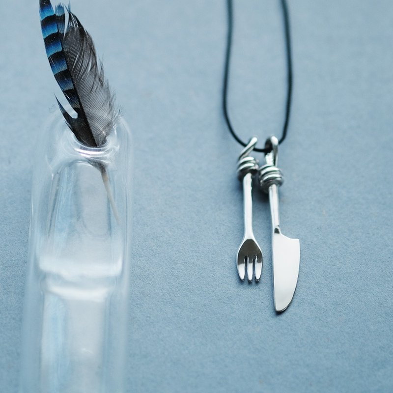 叉子与刀子 迷你造型绳链 925 银 - 耳环/耳夹 - 其他金属 银色