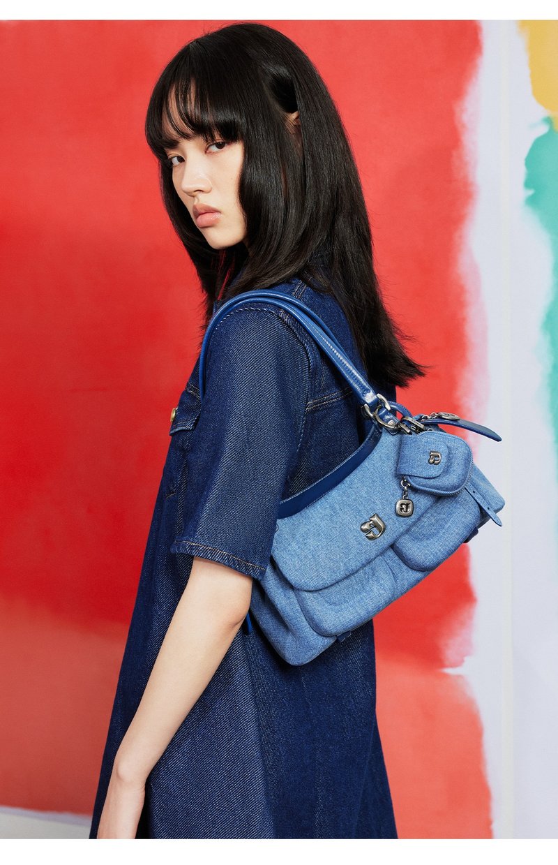 复古牛仔原色 猪猪波士顿包 牛皮真皮包 手提肩背腋下包 KUNOGIGI - 侧背包/斜挎包 - 真皮 蓝色