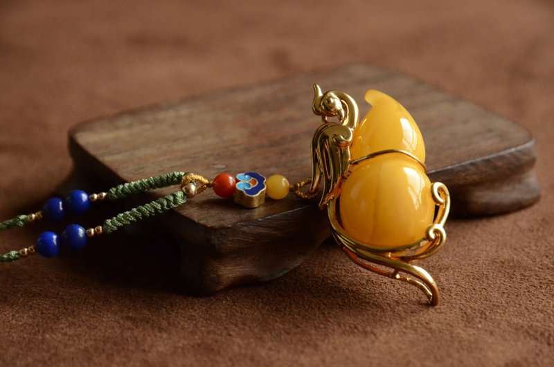 【凤栖】纯银包金凤栖福禄琥珀项链 - 项链 - 宝石 