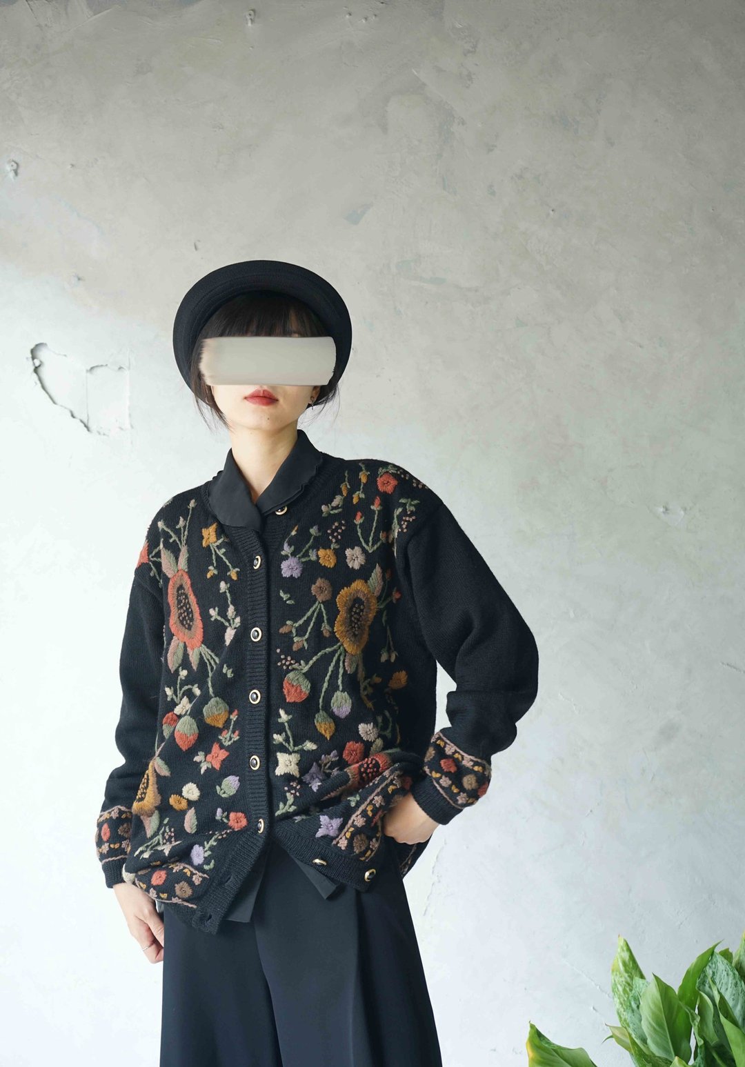 寻宝古着-精工橘色系花朵毛线刺绣毛料开襟针织毛衣外套 - 女装针织衫/毛衣 - 羊毛 黑色
