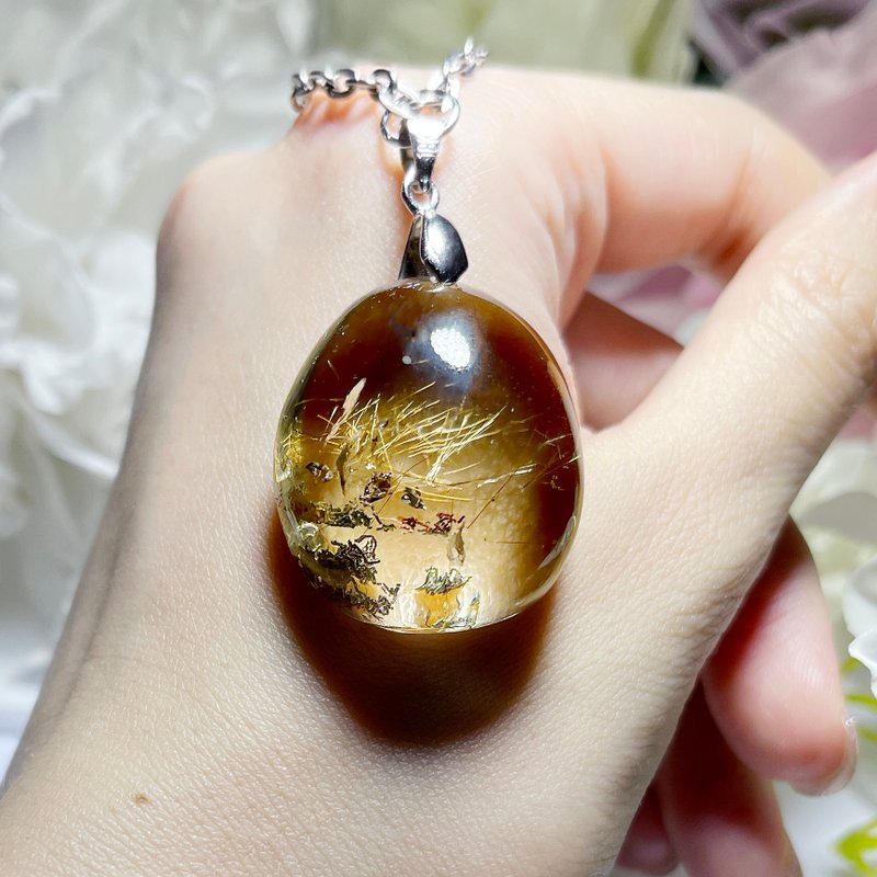 珍贵精品大蛋面 四季幽灵金发晶 项链 吊坠 幽灵水晶 超立体厚实 - 项链 - 水晶 金色