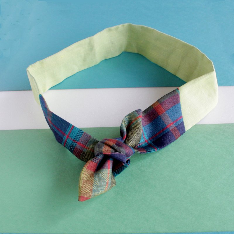 软硬兼施不滑落的铁丝发带  绿格子麻纱 - 发带/发箍 - 棉．麻 绿色