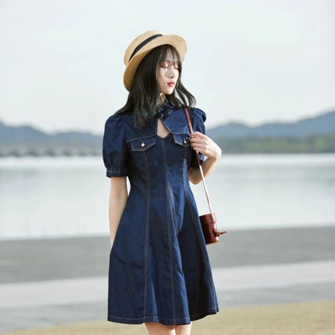 安妮陈国风牛仔盘扣连衣裙女夏季收腰显瘦时尚镂空裙子 - 洋装/连衣裙 - 其他材质 