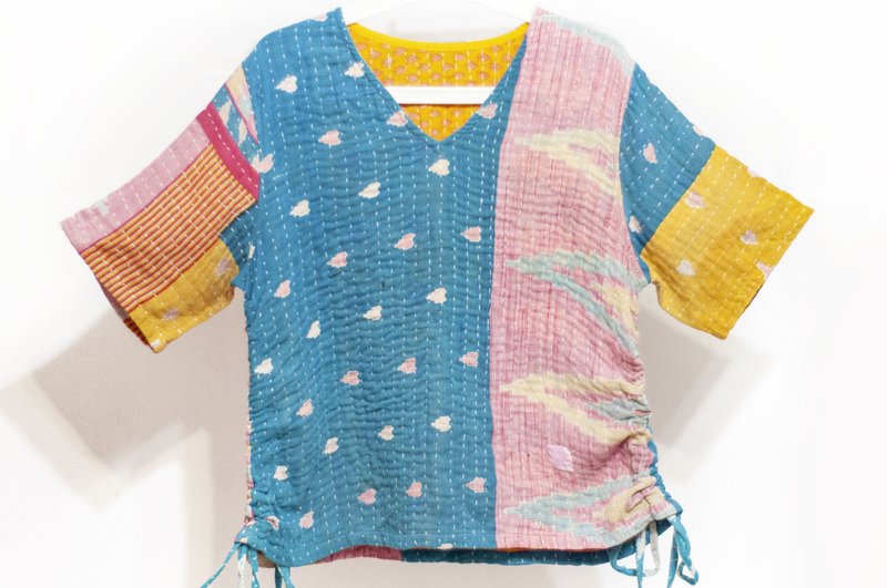 手缝纱丽布拼接纯棉上衣 印度纯棉拼布松紧绑带上衣 纱丽线刺绣花 - 女装 T 恤 - 棉．麻 多色