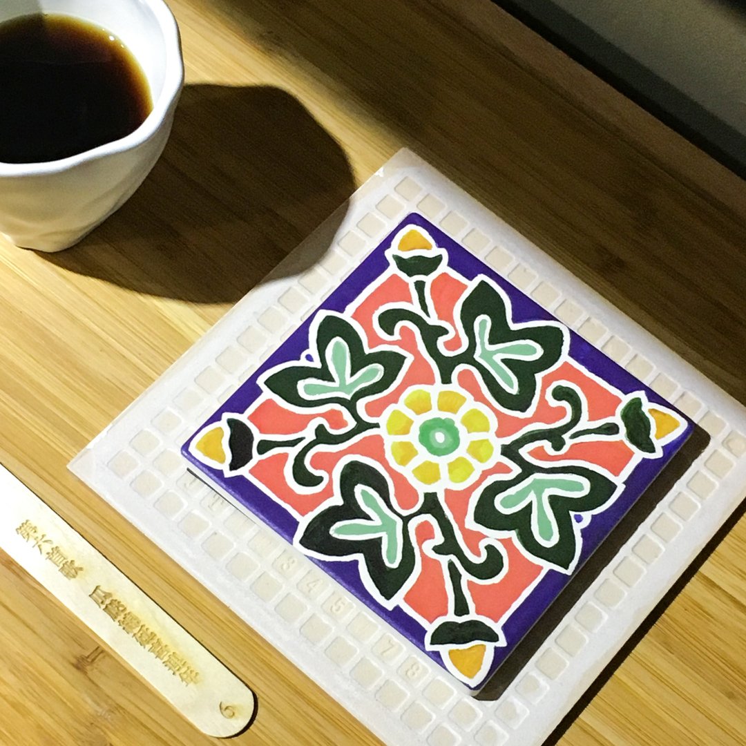 06瓜瓞绵延喜连年 花砖吸水杯垫 (台湾花签#06) - 杯垫 - 陶 蓝色