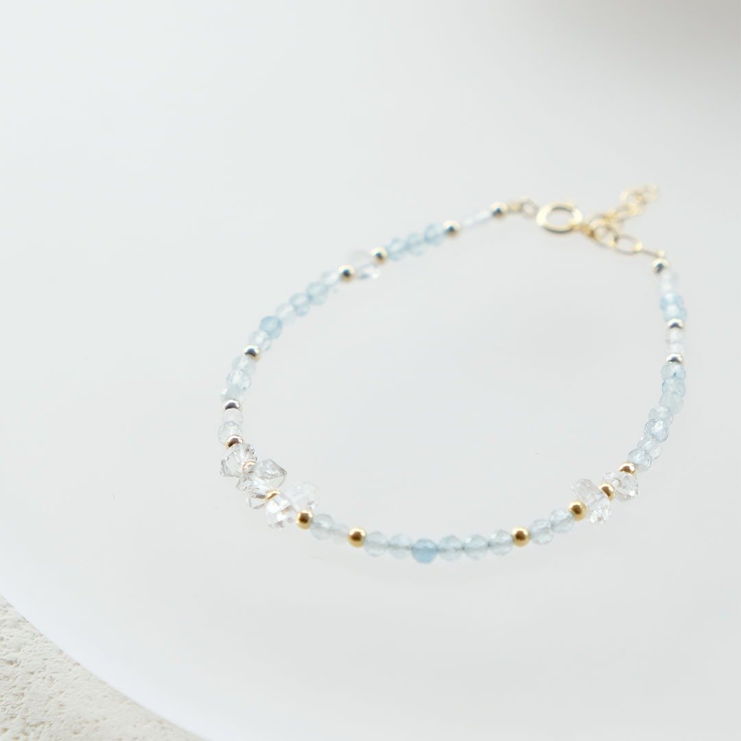 冰感赫基蒙白水晶-海蓝宝月光石手链 14K 包金 - 手链/手环 - 宝石 蓝色