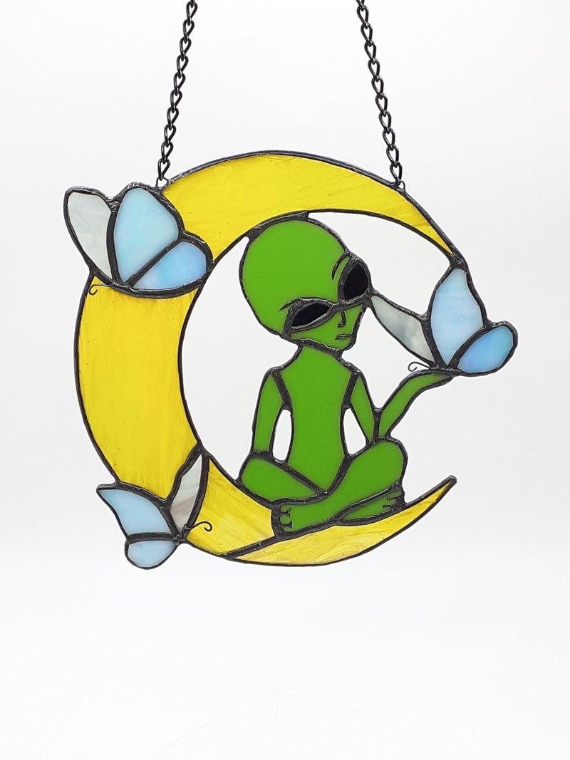 彩色玻璃月亮捕梦网飞碟装饰品彩色玻璃窗装饰 - 墙贴/壁贴 - 玻璃 多色