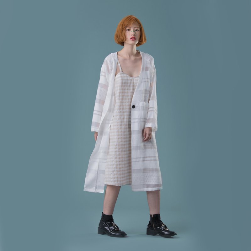 tan-tan / 驼色X银线格纹细肩洋装 - 洋装/连衣裙 - 棉．麻 卡其色