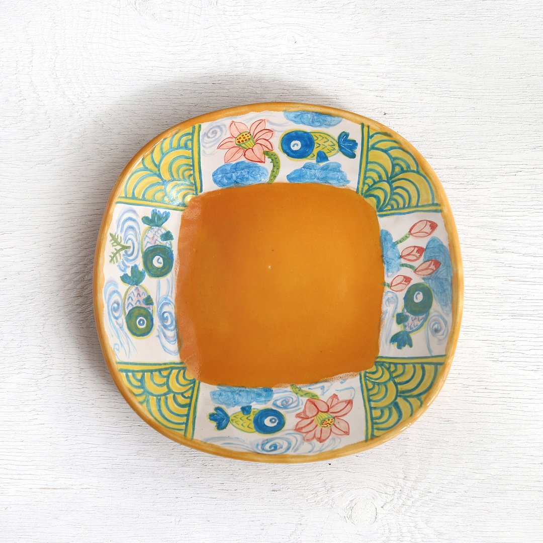 Water ream and blue goldfish overglaze picture square plate, orange glaze - 盘子/餐盘/盘架 - 陶 橘色