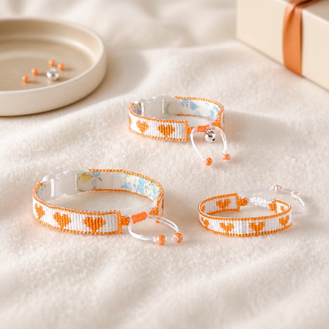【与爱猫同款】夏日锉冰芒果 爱心珠饰编织猫咪项圈与手链 Matching Cat Collar and Bracelet - 项圈/牵绳 - 棉．麻 橘色