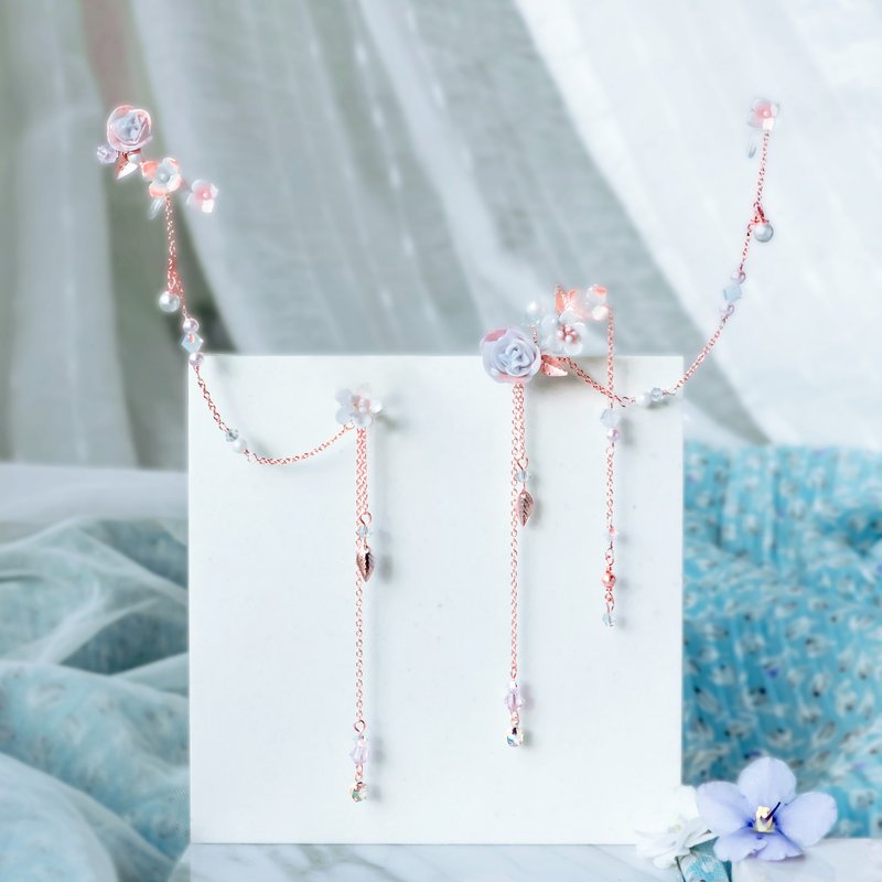 ZODIAC: 水瓶 X 庭园玫瑰 / 星泪多用途不对称垂吊925银耳环 - 耳环/耳夹 - 纯银 蓝色