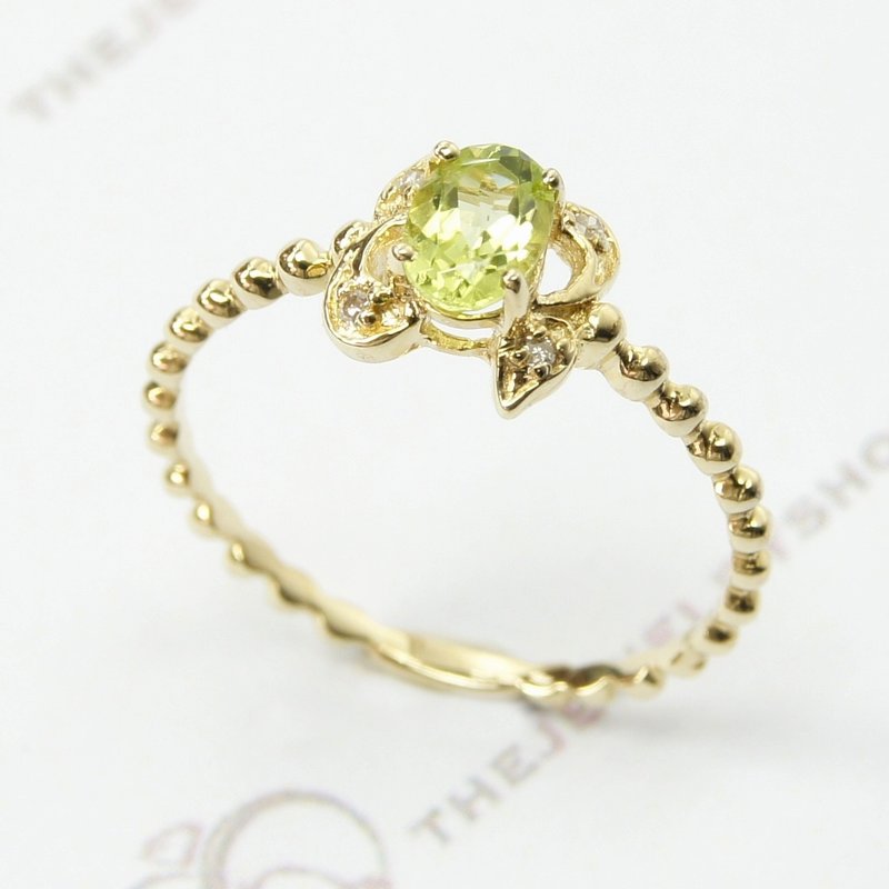 14K黄金 旦形橄榄石配钻石戒指  八月生日石 - 包邮 - 戒指 - 宝石 绿色
