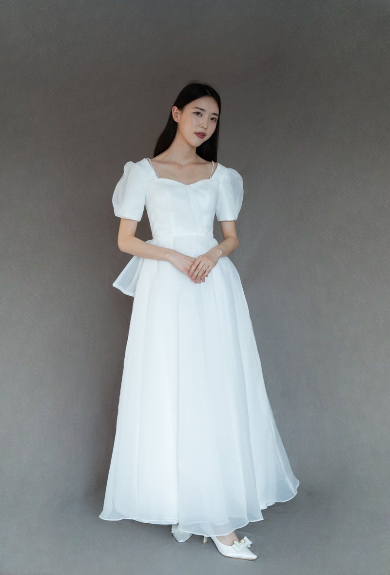 澎澎袖珍珠方形爱心领婚纱 - 晚装/礼服 - 聚酯纤维 白色