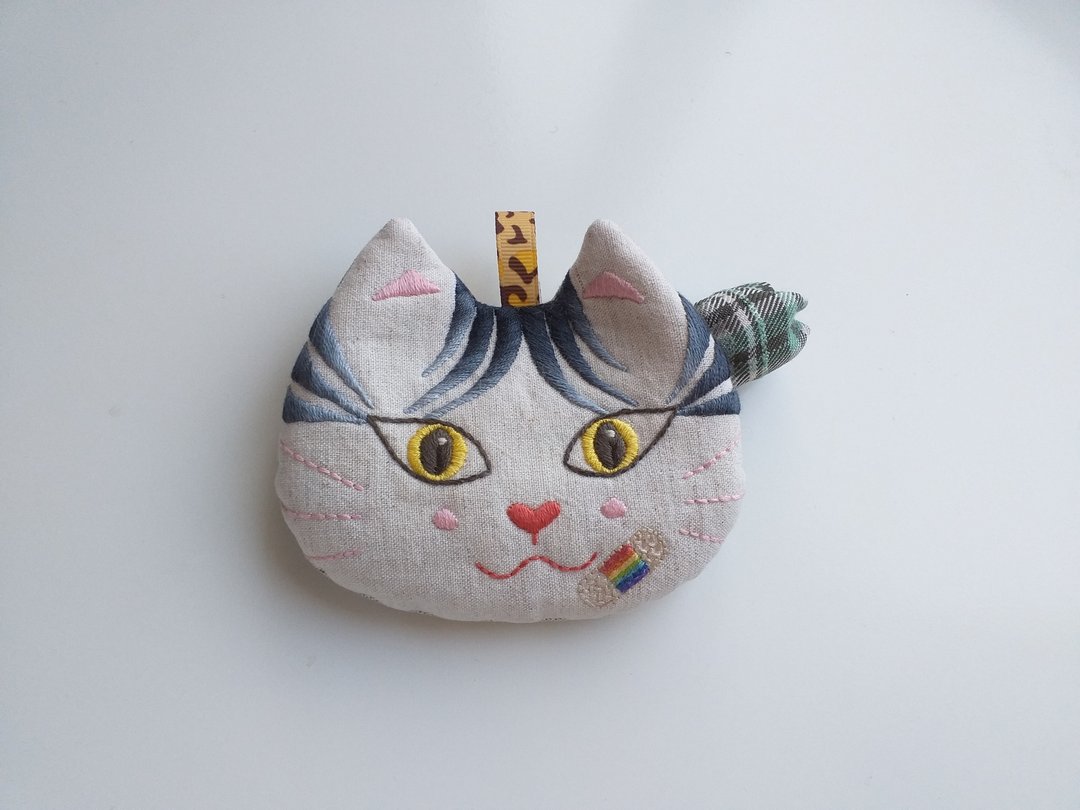 名为小虎的谜样黑白小猫卡套零钱包(纯手工刺绣) - 零钱包 - 棉 黑色