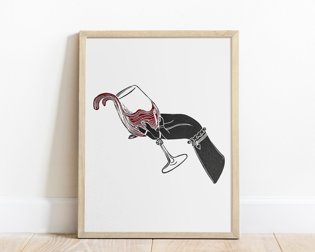 Linocut 印刷黑人妇女手与一杯红酒墙艺术酒厨房装饰 - 海报/装饰画/版画 - 纸 黑色