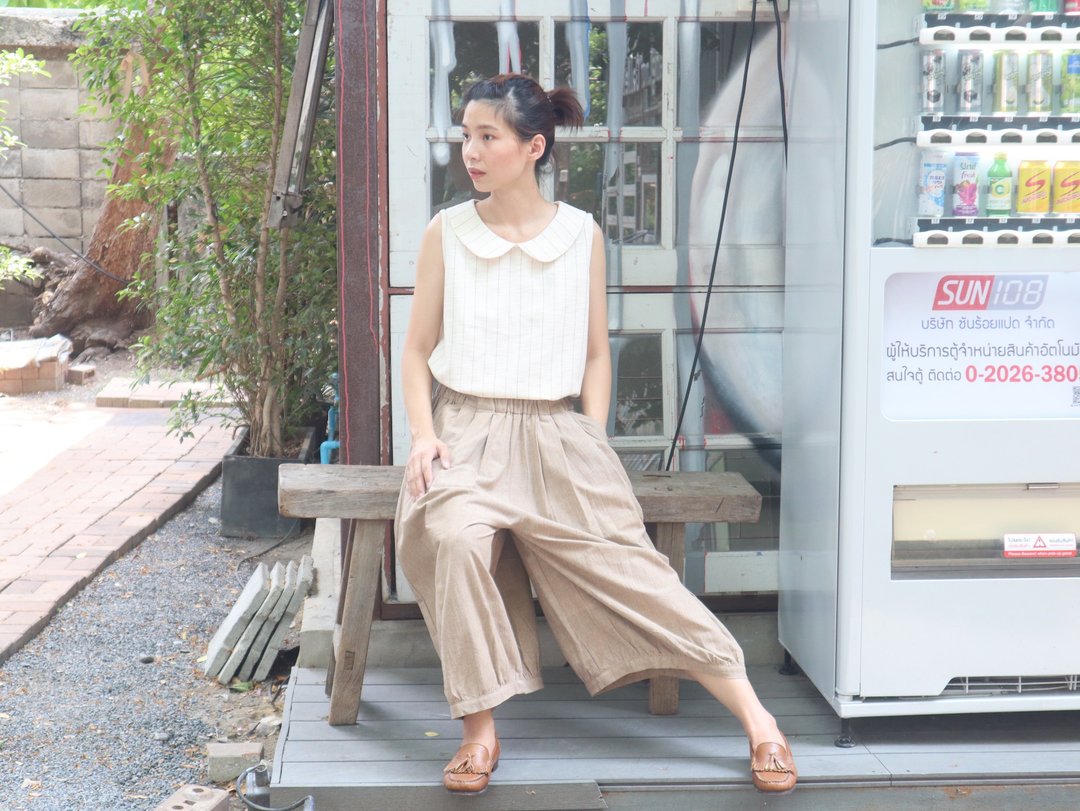 Lotus tank top White light orange Stripe - 女装上衣 - 棉．麻 白色