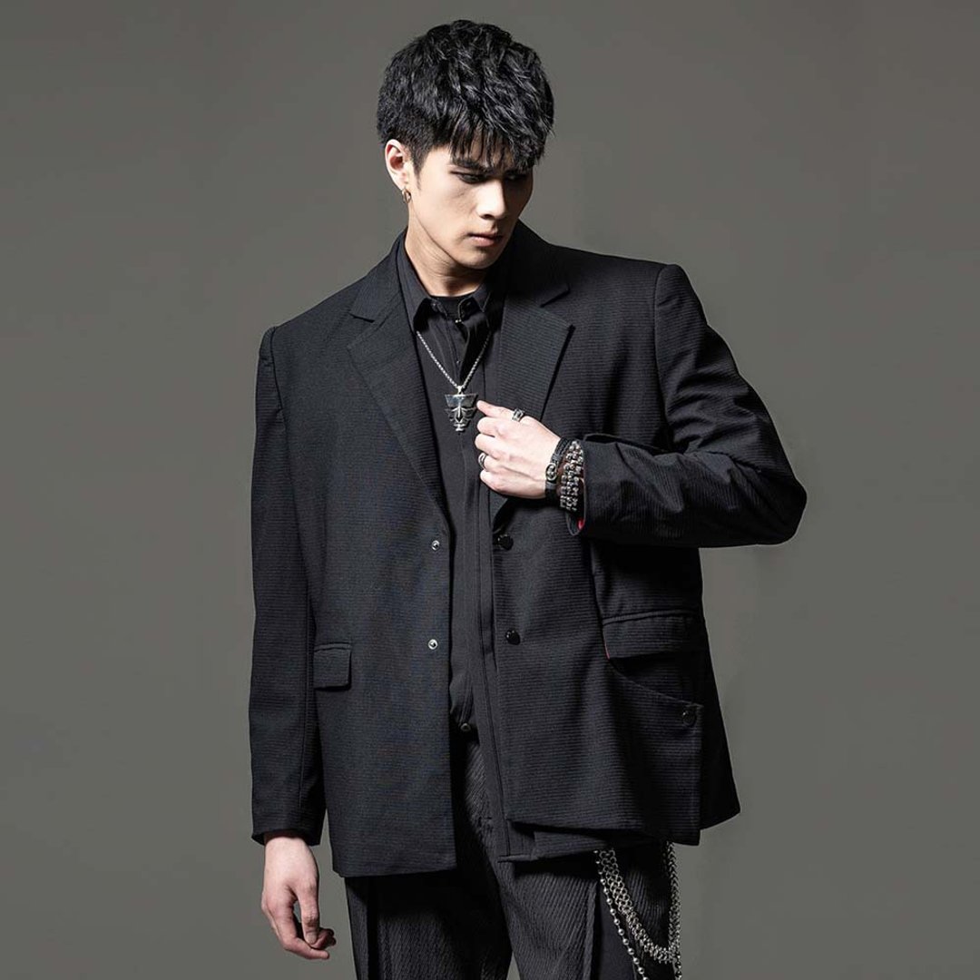 男士休閑西服 秋裝拼接西裝外套 - 男装外套 - 聚酯纤维 黑色