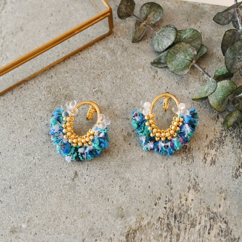 耳夹/ 椭圆流苏耳饰 / 蓝色 - 耳环/耳夹 - 棉．麻 蓝色