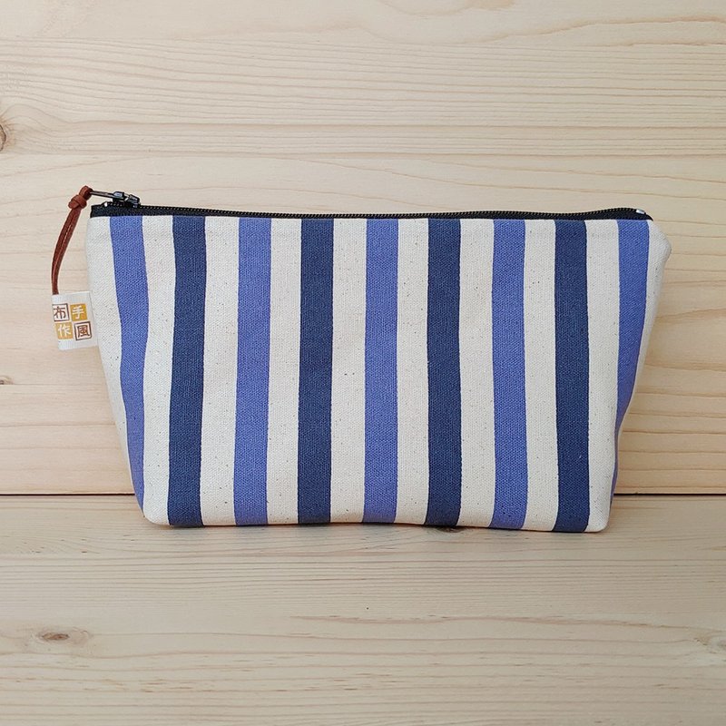 文青线条/四色 宽底大笔袋 - 铅笔盒/笔袋 - 棉．麻 蓝色