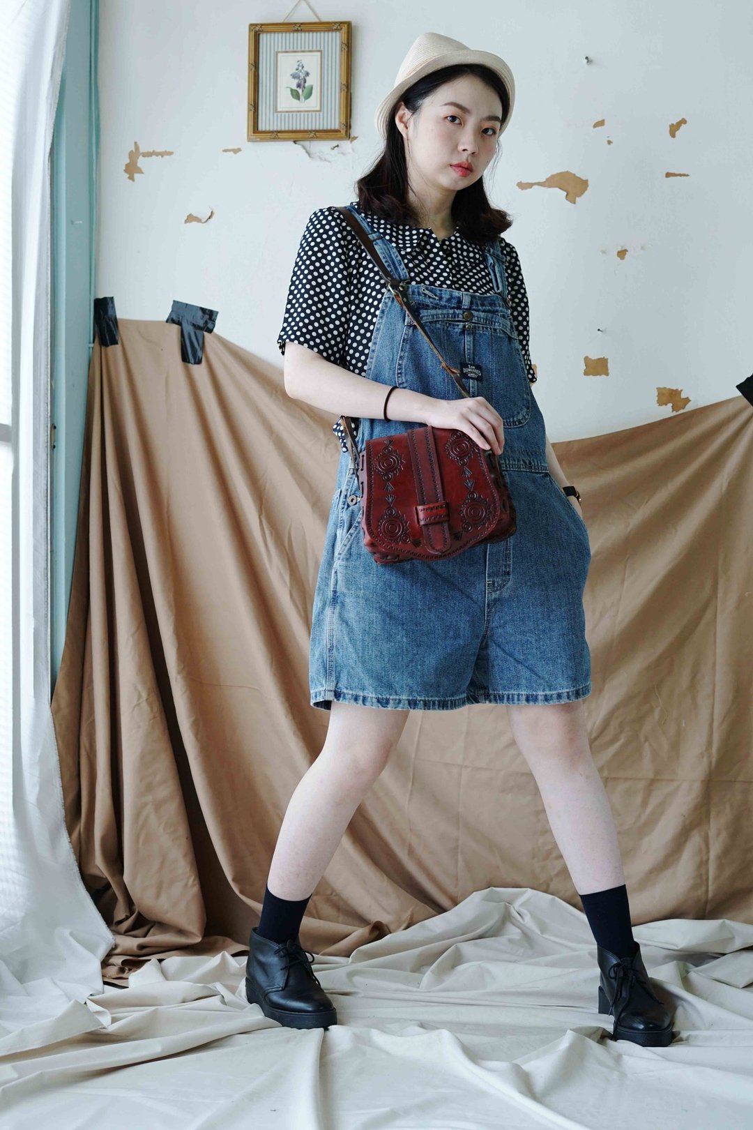 寻宝古着-Lee Dungarees洗旧蓝吊带短裤 - 背带裤/连体裤 - 棉 蓝色