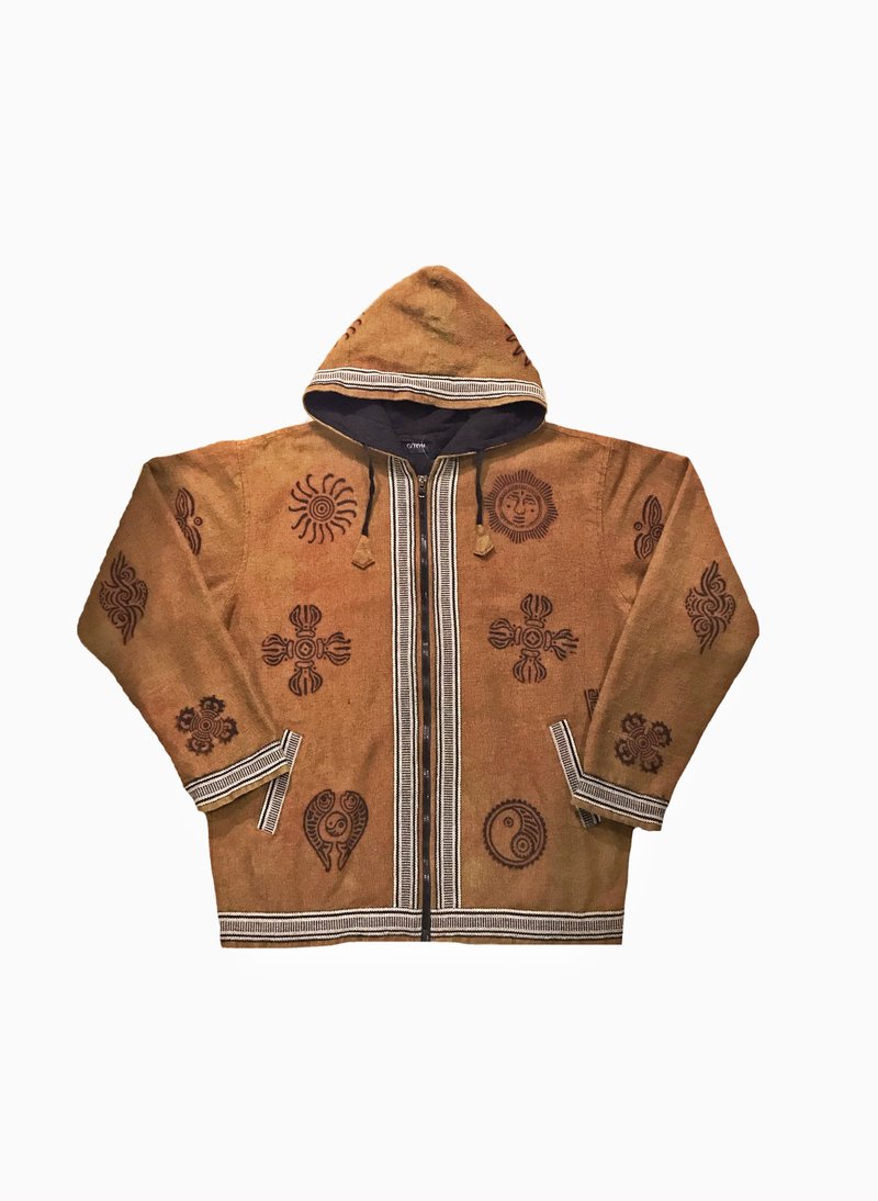• 爱头牌 •Vintage Pattern Crazy Jacket 尼泊尔手工印刷连帽 - 男装外套 - 棉．麻 咖啡色