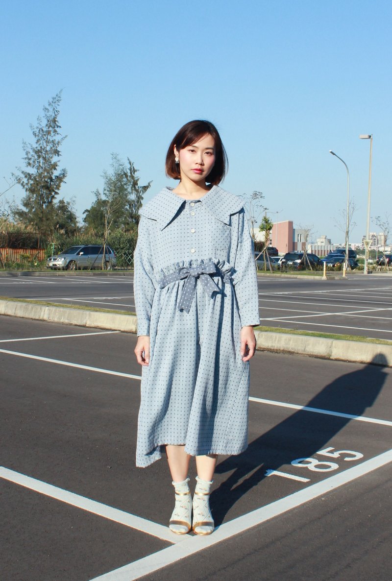 moi non plus 蓝色大翻领方点洋装 - 洋装/连衣裙 - 羊毛 蓝色