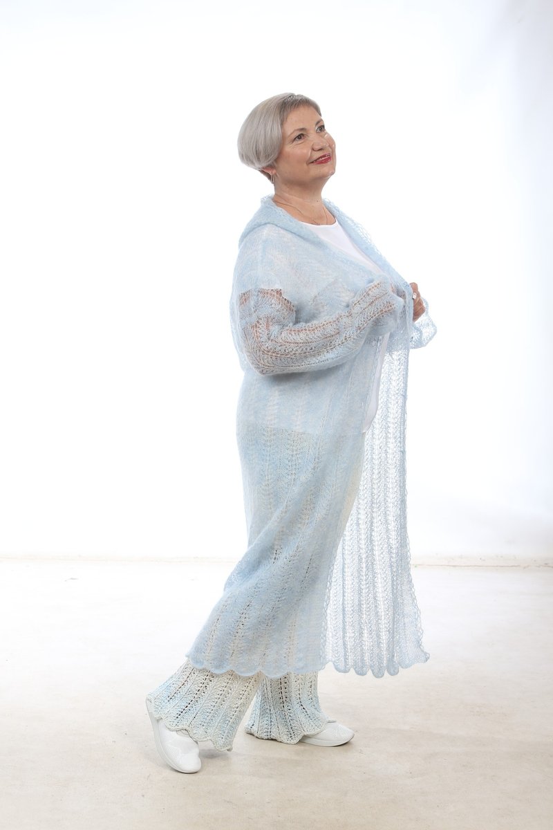 蓝色带帽马海毛针织开襟衫 - 女装西装外套/风衣 - 羊毛 蓝色