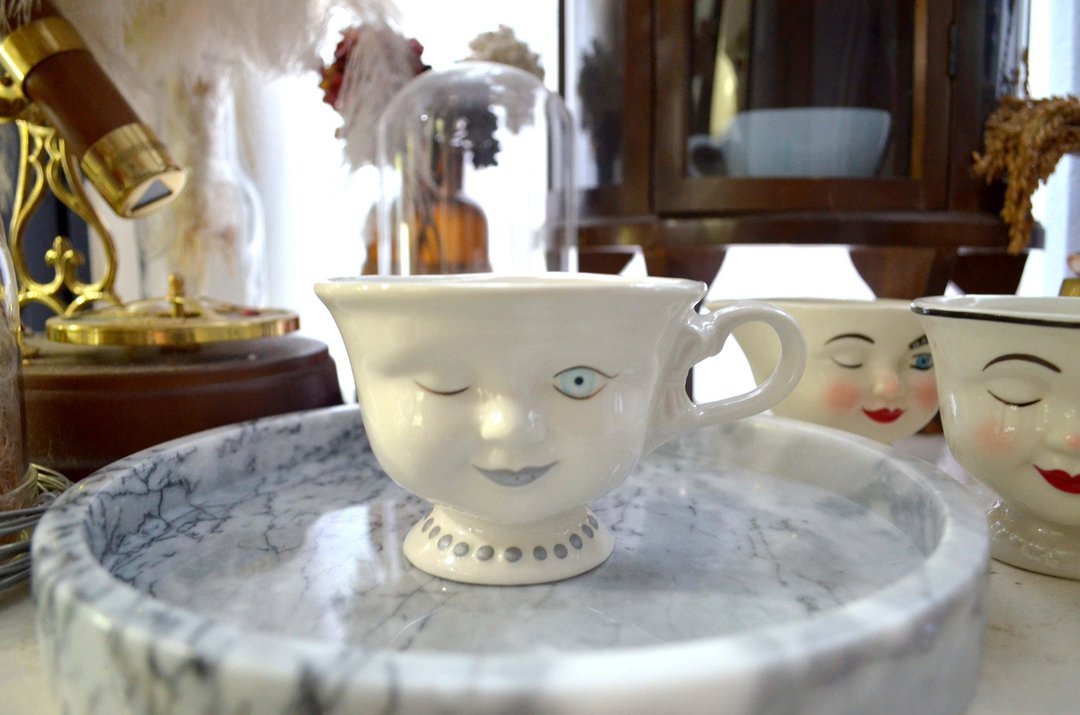 90年美国中古董陶瓷立体可爱娃娃脸咖啡杯茶杯搞怪收藏咖啡店摆设 - 咖啡杯/马克杯 - 陶 白色