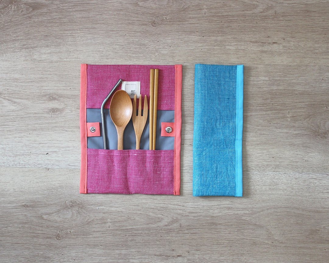 All-in-one 粗织棉麻布餐具布套 啪钮款  防水布内里 不含餐具 - 餐刀/叉/匙组合 - 棉 多色