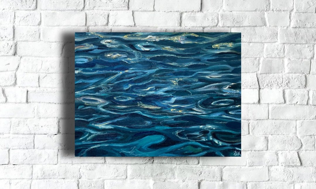 Water Ripples Painting, Water Oil Art, Original Painting On Canvas, Small Decor - 海报/装饰画/版画 - 其他材质 蓝色