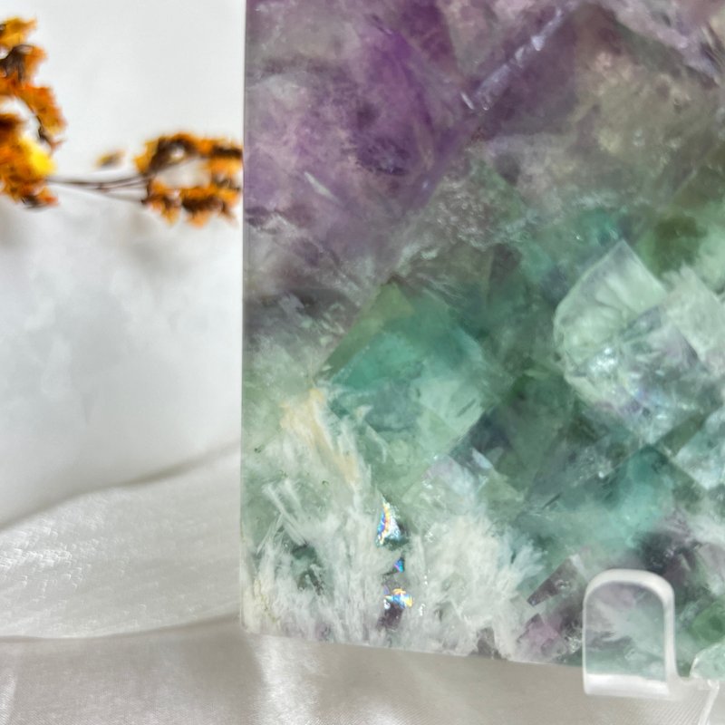 西瓜色矿标萤石片 完整方块体 满版羽毛体 彩虹光 - 摆饰 - 半宝石 多色