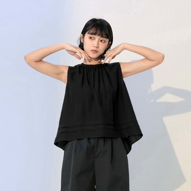 前短后长伞摆无袖上衣 - 女装背心 - 其他人造纤维 黑色